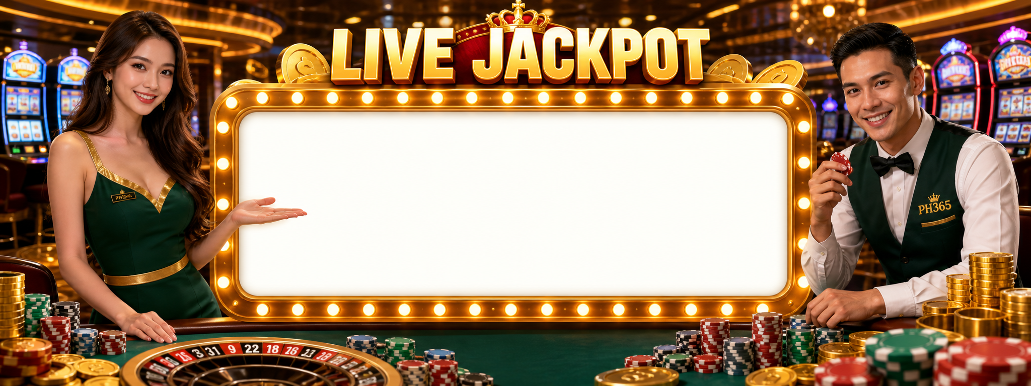 2PH live jackpot casino banner with real hosts and a jackpot display